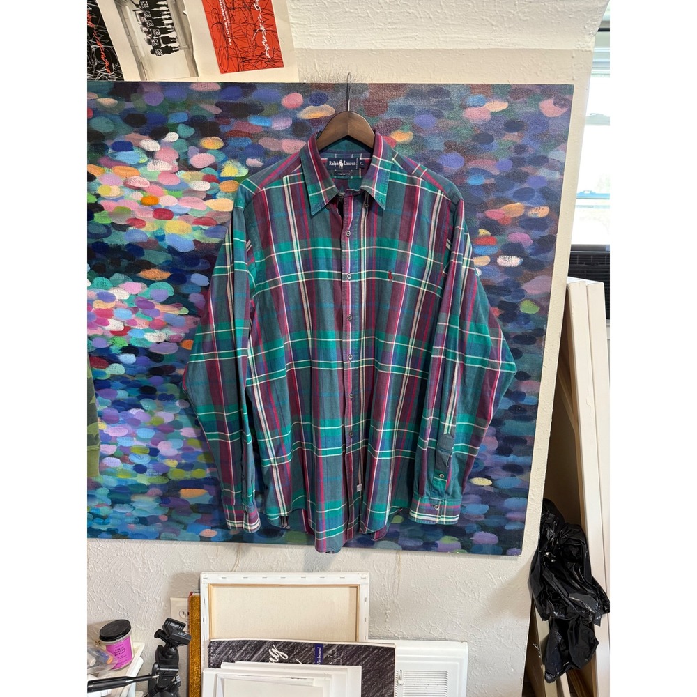 Ralph Lauren Mens XL Plaid Cotton Button Down Shirt Green Purple Long Sleeve